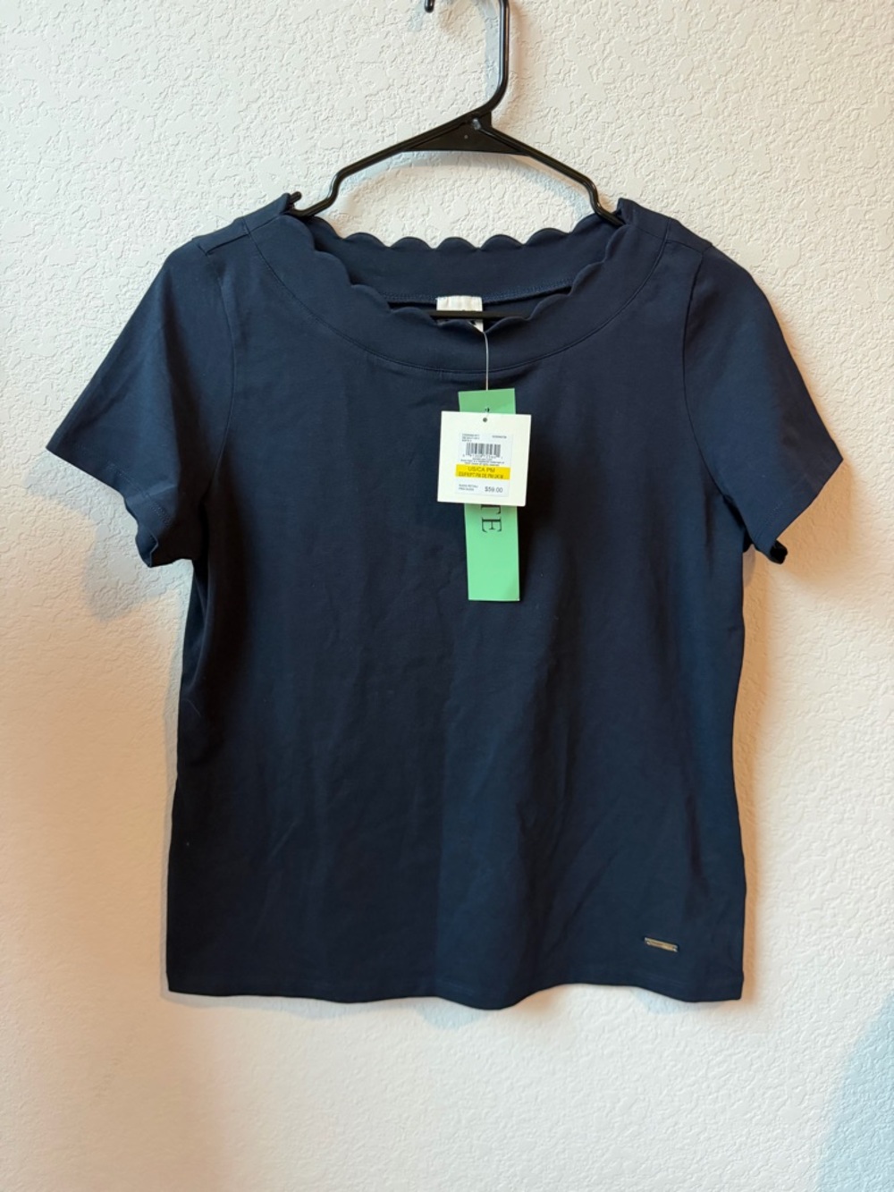 Anne Klein Navy Scalloped Neck Short Sleeve Top